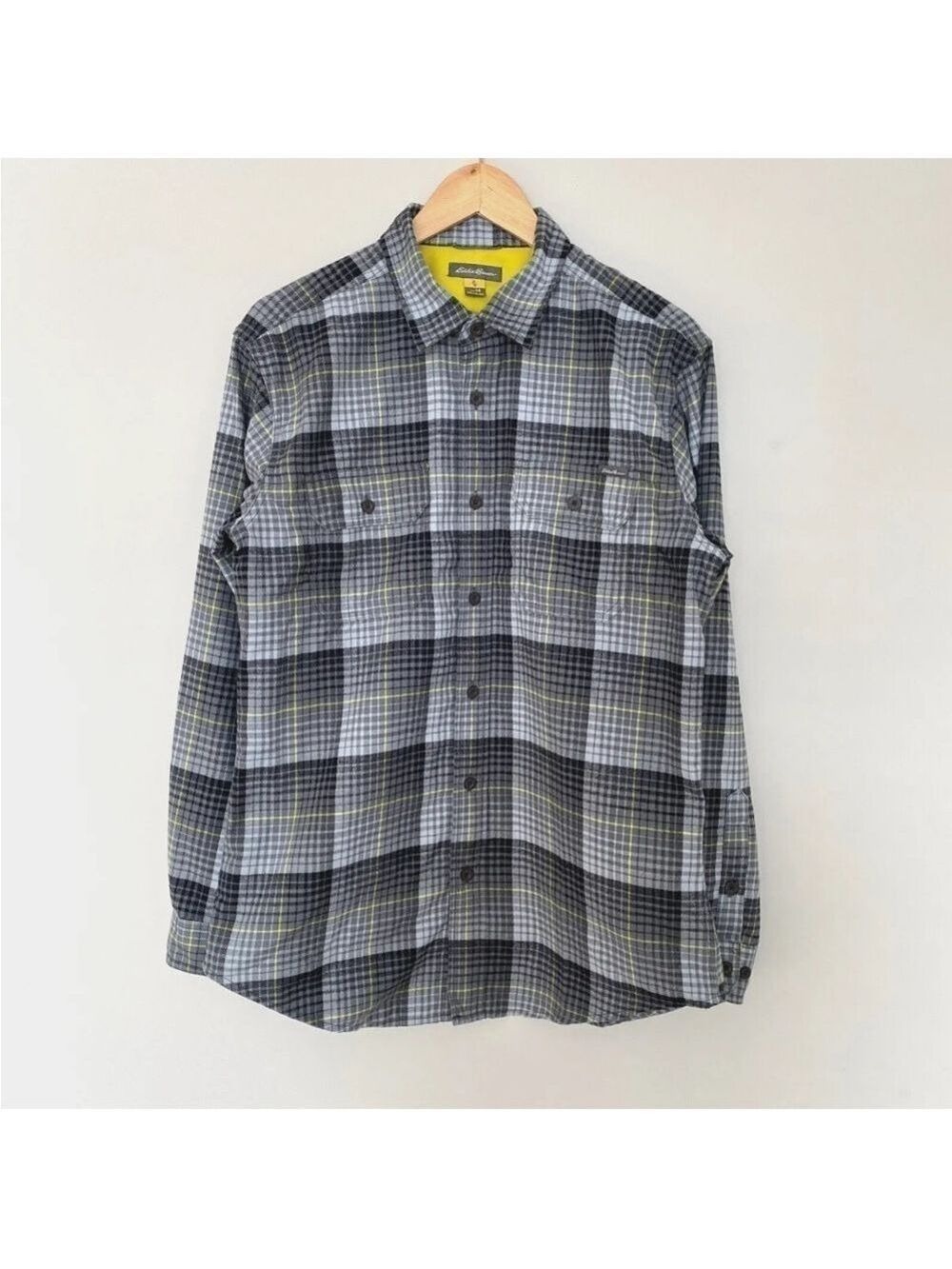 Eddie Bauer First Ascent Gray Yellow Plaid Flannel Button Up Shirt Size M